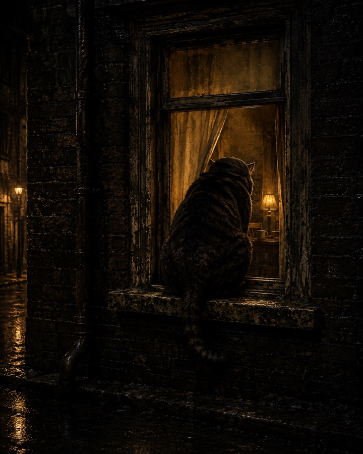 Seen from behind: a heavy tom in a flat cap sitting on a wet stone windowsill in the rain, looking into a lit room. Inside, a curtain pulled aside, a table lamp, a wooden chair, a mug still on the table. Nobody is in the room. Down the alley behind him, a streetlamp on wet cobbles.