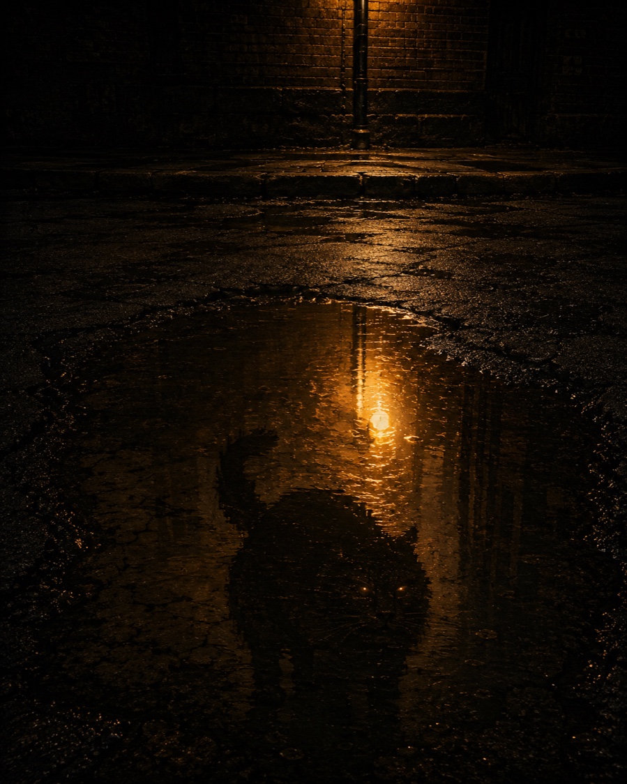 A puddle on cracked asphalt at night, holding the lamplight — and in the reflection only, a heavyweight tomcat crouched with fierce amber eyes. The street above the water is empty.