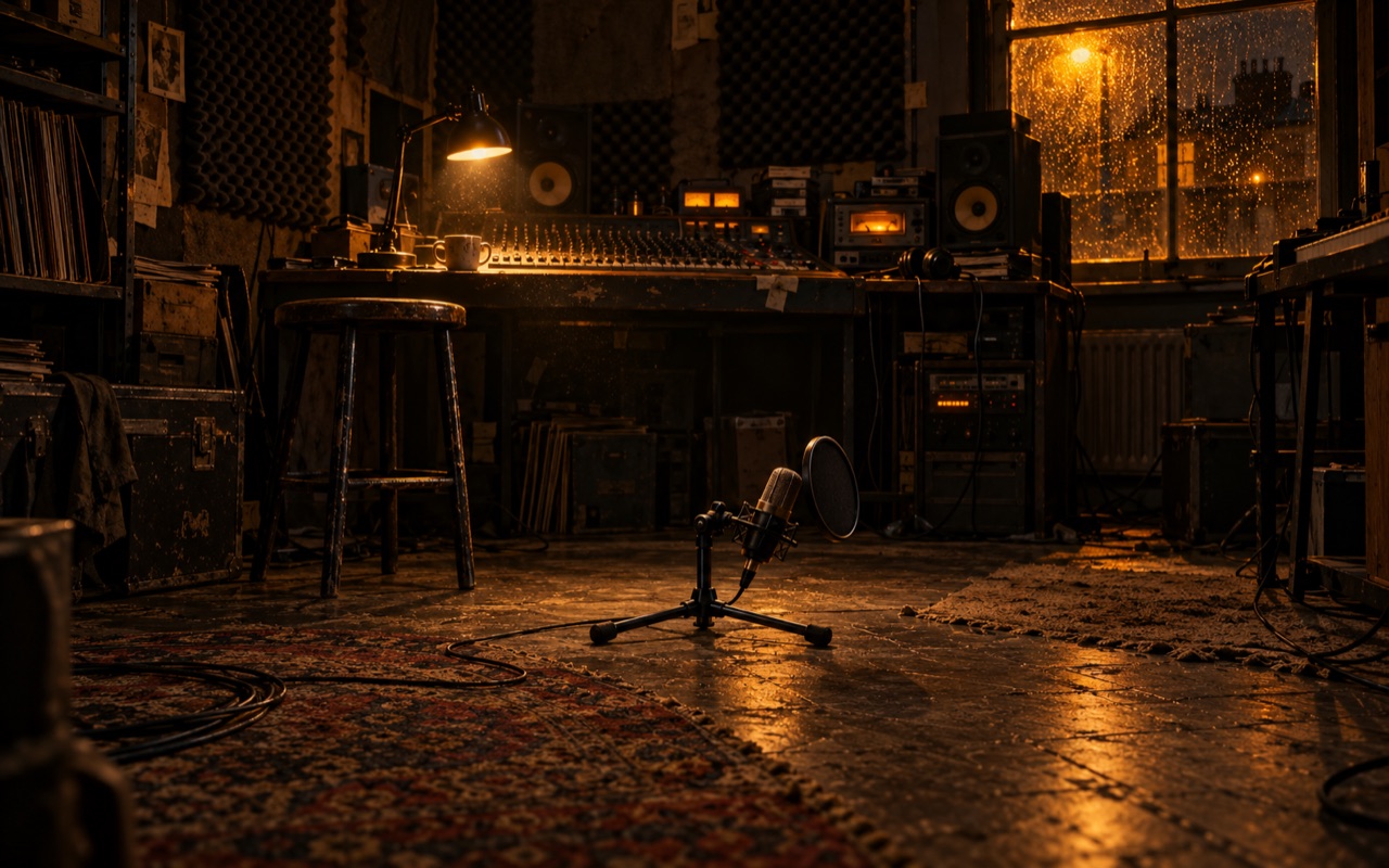 A small cluttered studio at night. Rain on the window, a desk lamp on over the mixing desk, a mug, a stool. In the middle of the worn floor a microphone on a stand lowered all the way down, about a foot off the floor.