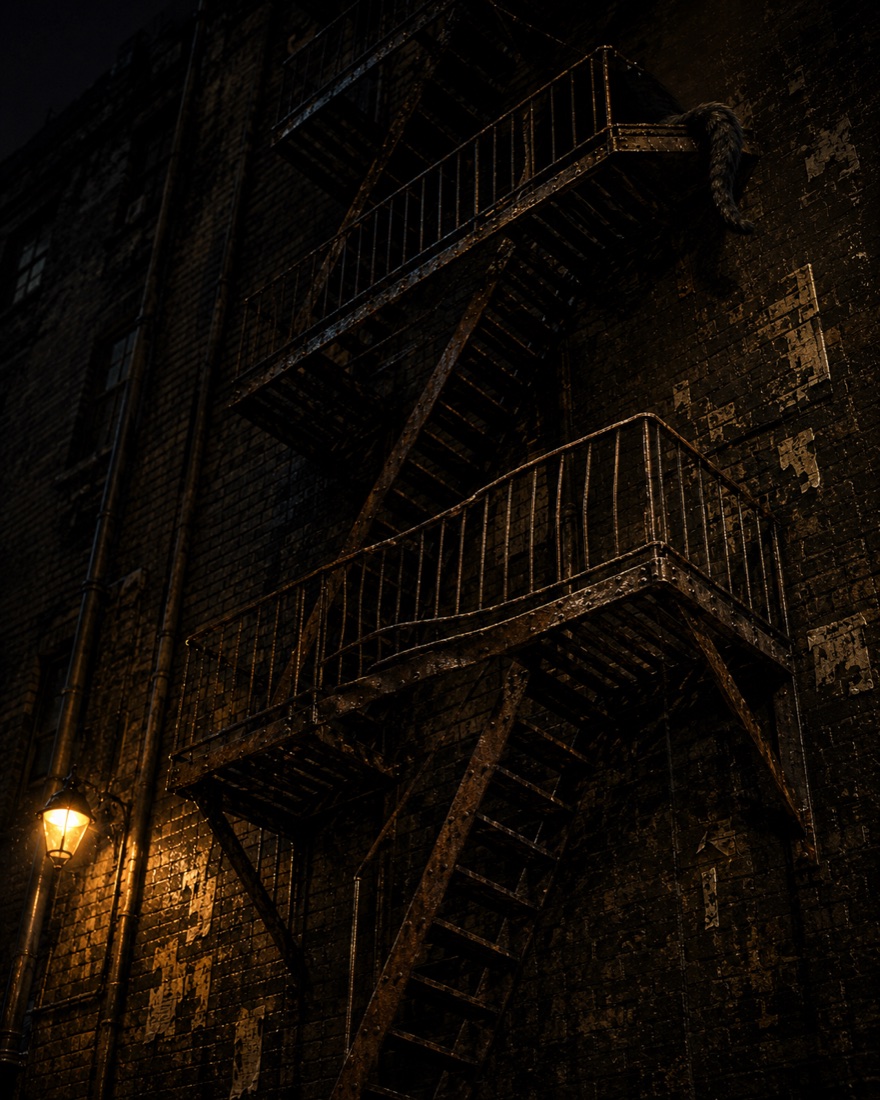 A rusted fire escape zig-zagging up a dark brick wall in amber rain-haze. The mid-landing rail is bent where something heavy leaned on it. At the very top, a thick kinked tail slips out of frame.