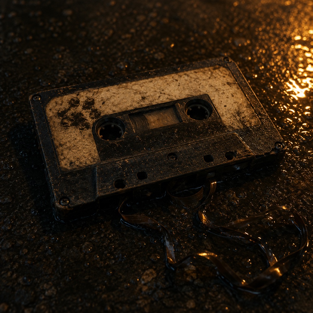 A cassette tape lying face-up on wet asphalt in amber lamplight, its label stained blank, its ribbon pulled out and tangled across the ground beside it. Nobody is going to play it.