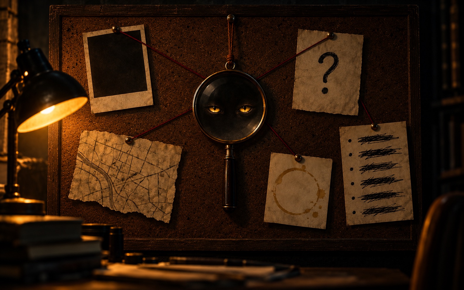 A detective's evidence board at night: a blank photo, a question mark, a torn map, a list with every line scratched out, a coffee ring. In the magnifying glass at the centre, two gold cat's eyes look back out of the dark.