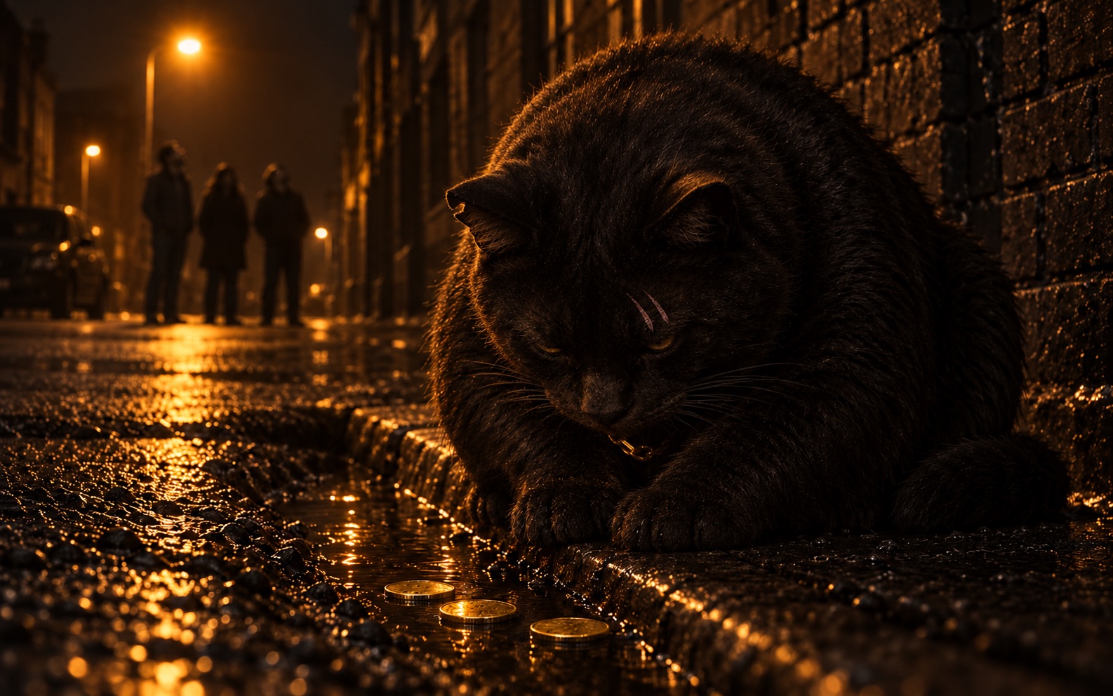 Low in a wet gutter a heavy black tom looks down at three plain old gold coins in the water. Up the street, three people stand looking up at the sky.