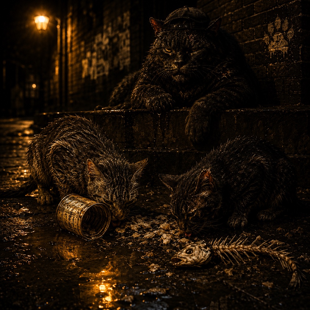 Night rain in the alley: two soaked lean strays eat scraps from a tipped golden can beside a fish skeleton. Above them, draped over the stone step, the huge tom in his soot-black cap watches with one amber eye — paws over the ledge, not eating. A spray-painted paw tag marks the brick behind him.