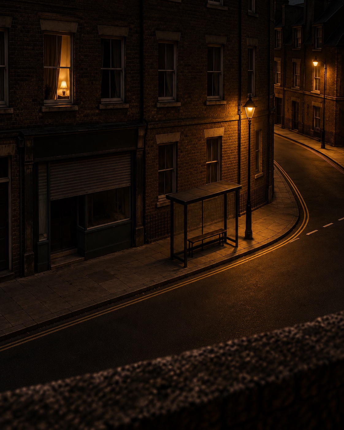 A night street from a stone ledge one floor up: a closed shopfront, an empty bus stop under a lamp, the road turning away at the corner. Across the way one window has a small lamp on and nobody in it.