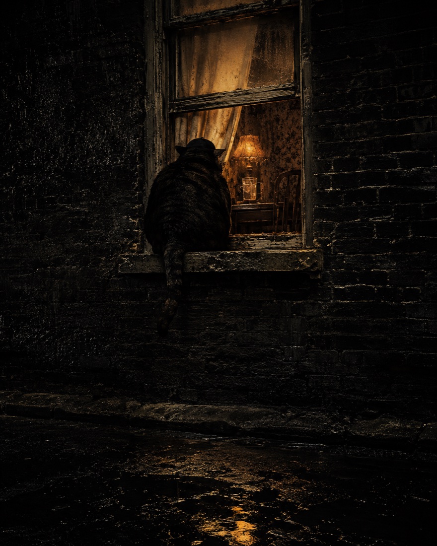 From behind: the heavyweight tom sits on a wet stone sill in the rain, soot-black cap on, tail hanging over the ledge, facing a lit window — thin curtain, a lamp, an empty chair, a single mug. The room does not know.